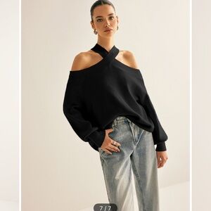 NWT COMMENSE Cross Over Cold Shoulder Sweater - Black - Small